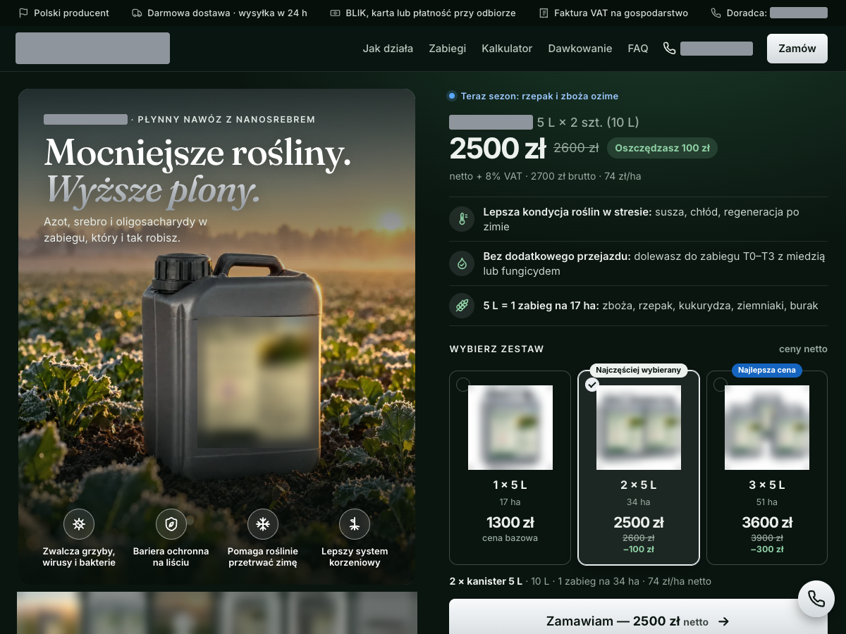 Górna część strony sprzedażowej produktu A: kanister w polu o świcie, wybór zestawu z cenami i przycisk zamówienia