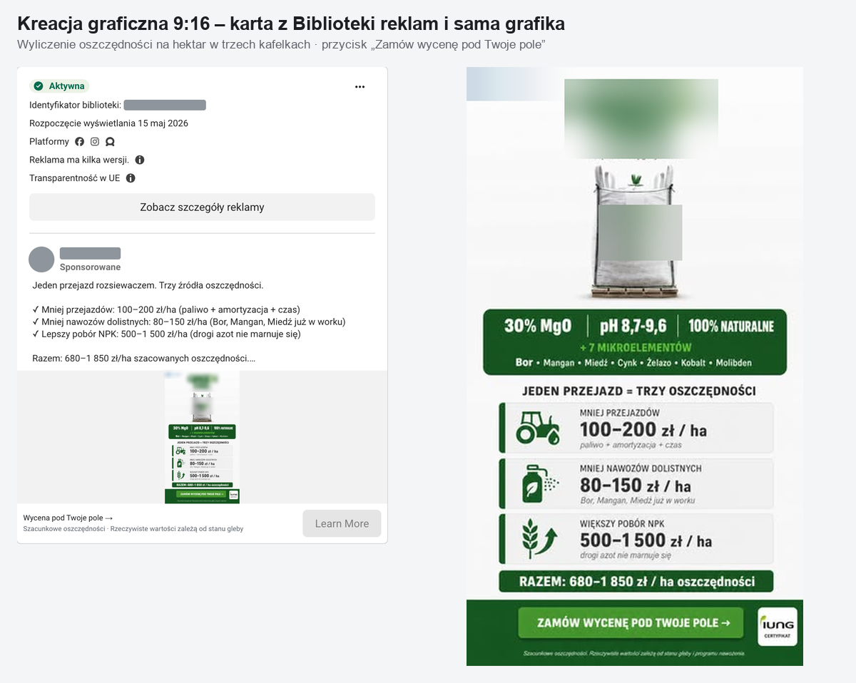 Karta reklamy graficznej z Biblioteki reklam Meta i sama grafika: big bag, trzy kafelki z oszczędnościami w zł na hektar i przycisk zamówienia wyceny