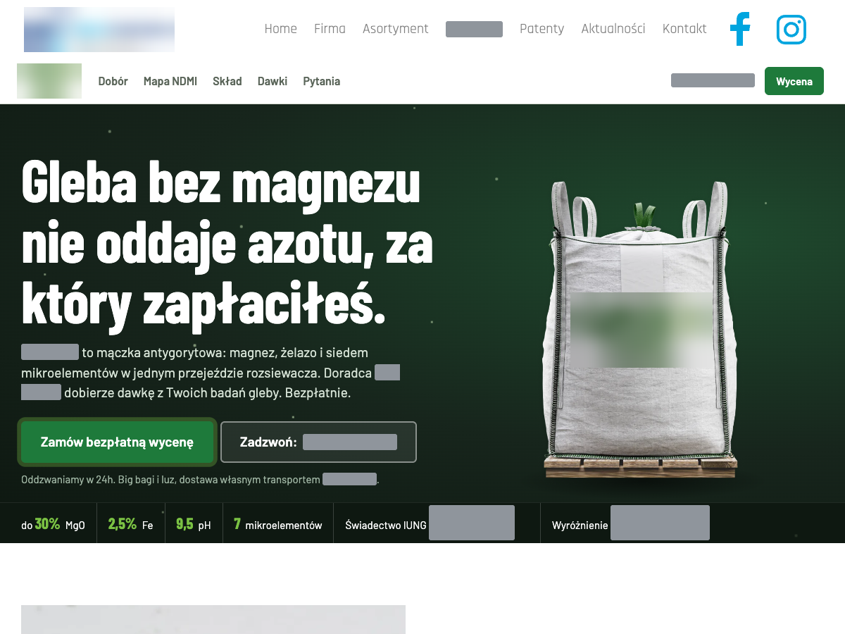 Górna część strony produktu B: ciemnozielone tło, big bag z produktem, przyciski bezpłatnej wyceny i telefonu